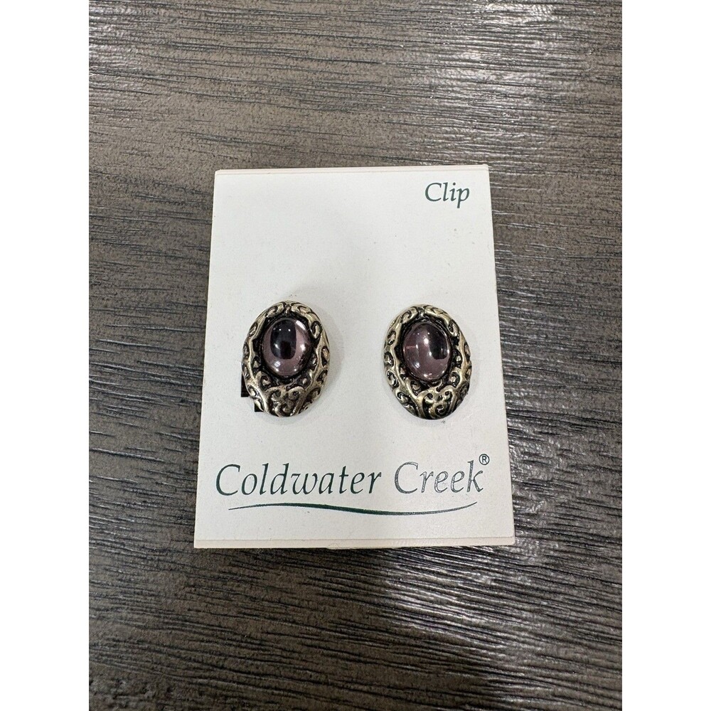 Vintage Cold Water Creek Gold Tone With Purple Oval Stones Clip On Earrings New